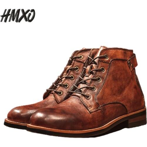 HMXO Brown Military Boots British Style Mens Business Leather Shoes Brock Round Toe Chelsea Boots Mens Casual Leather Shoes