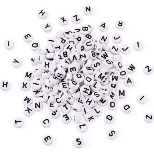 1000Pcs Alphabet Style Opaque Acrylic Beads Black & White Metal Enlaced Flat Round Loose Beads for DIY Jewelry Making 7x4mm