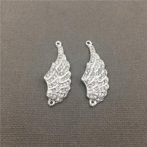 MY0650 Wing Shape Necklace Pendant Paved Rhinestone Feather Connector Charm Silver Electroplated