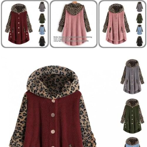 Plush Coat Hooded Simple All Match Loose Leopard Patchwork Buttons Hoodie