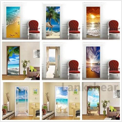 3D Wallpaper For Door Sticker Self-adhesive DIY Poster Beach Sea Scenery Mural Home Design Door Decoration Decal Stickers Porte