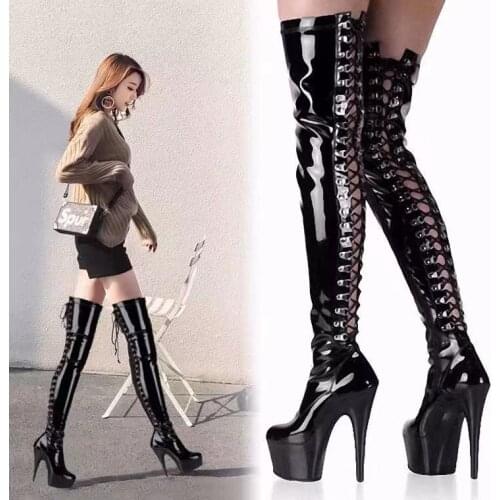 Sexy Women Black High Heel Pu Leather Thigh Boots with Back Lacing