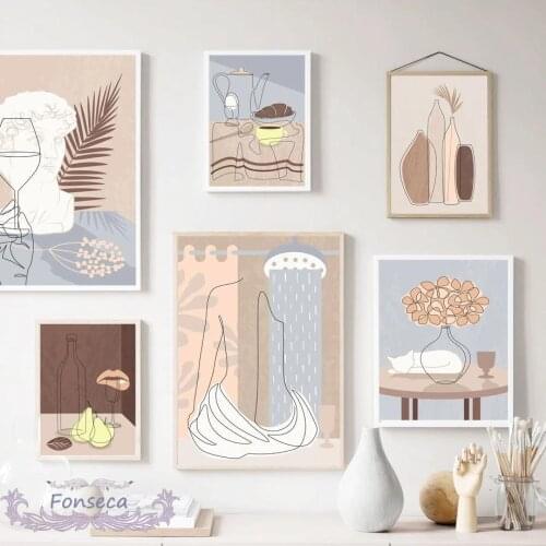 Nordic Gentle Beige Poster Goblet David Statue Flower Vase Canvas Painting Abstract Prints Wall Art Pictures for Living Room