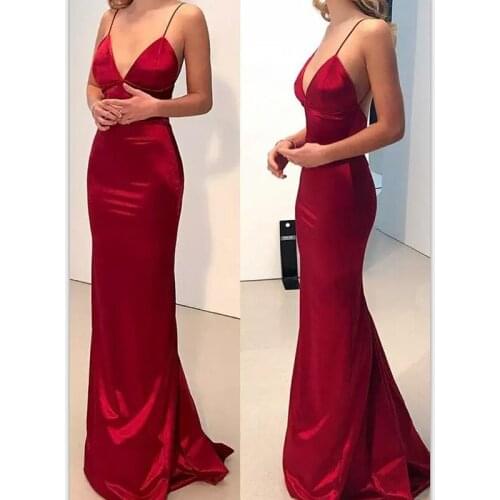 Sexy feminine red long mermaid V neck spaghetti straps satin prom dresses evening gowns with buttons