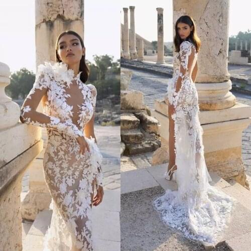 Arabia Mermaid Wedding Dress 2021 High Collar Side Slit Illusion Lace Appliques Long Sleeve Sweep Train Boho Bridal Gown