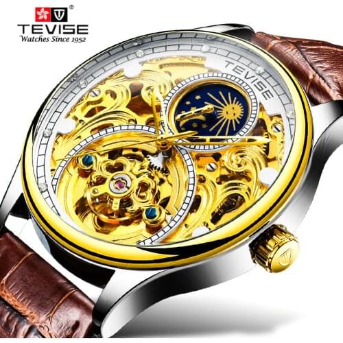 TEVISE T820A Clock Men Tourbillon Automatic Mechanical Watches Mens Moon Phase Leather Waterproof Wristwatches reloj hombre