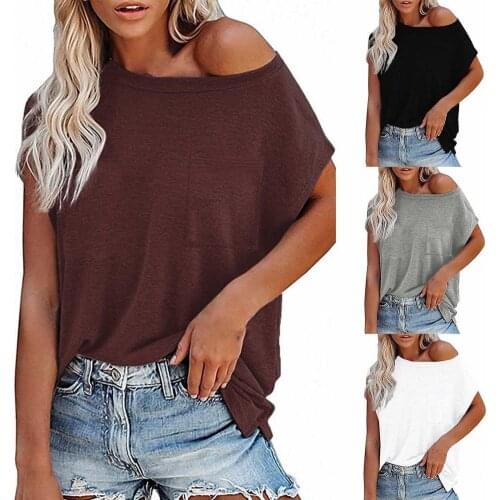 Women Blouse Summer Solid Color O-neck Off Shoulder Short Sleeves T-shirt with Pocket Bluses Shirts Plus Size M-3XL Ladies T Shi
