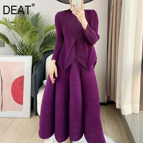 DEAT Pleated Suit Woman Bud Elastic Waist Long Skirt + Full Sleeve Round Collar T Shirts Vintage Style 2021 New Autumn 15HT415
