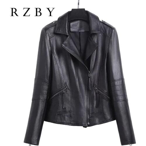 100% Real Sheepskin Jaqueta De Couro Feminina Women Genuine Leather Jacket Trendy Turn Down Collar 가죽자켓 Motocycle Wear RZBY632