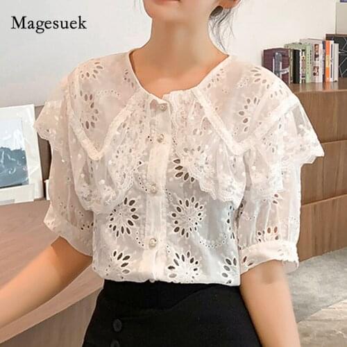Korean 2021 Hollow Out Lace Shirt Women Summer Loose Women Blouse Short Sleeve Office Lady White Tops Casual Solid Shirts 13608