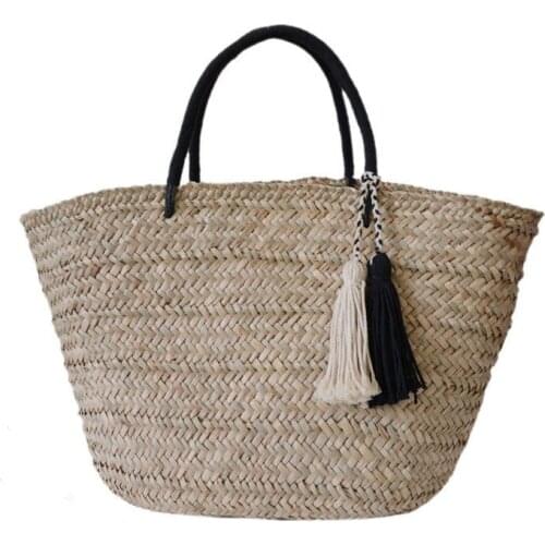 Hot Cotton Knitted Bag Wood Handle Women Bag Hollowed Out Straw Woven Beach Japanese Style Tote Knitting Versatile Bag