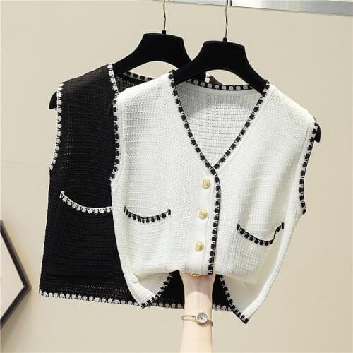 Summer Women Sleeveless V-Neck Knitted Basic Sweater Coat Shirt Lady Short Elastic Slim Cardigan Button Pocket Chic Blouse Tops