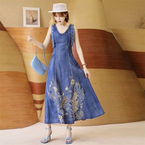 100% Cotton Summer Denim Dress 2020 Women Dresses O-Neck Sleeveless Vintage Embroidery Swing Hem Sundress Q82168 Vestidos