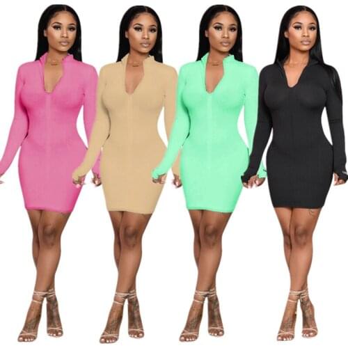 2020 Autumn Solid Ribbed Dress for Women Lucky Label Embroidery Sexy Zipper V Neck Long Sleeve Bodycon Mini Dresses