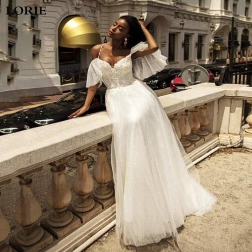 LORIE Sexy Spaghetti Straps Wedding Dress Flare Sleeve 2020 Vestidos de novia Lace Bridal Gown Elegant Backless Wedding Gowns