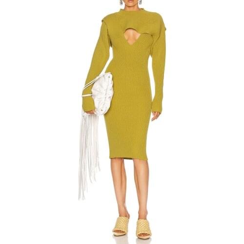 Hollow Sexy 9.8 Chic Out Patchwork Long Sleeve Ribbed Knit Slim Dress Formal Elegant Midi Dresses 2021 New Women