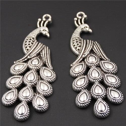 2pcs Antique Silver Color Large Peacock Charms Retro Necklace Pendants DIY Animal Metal Jewelry Handicraft Making 83*26mm A420
