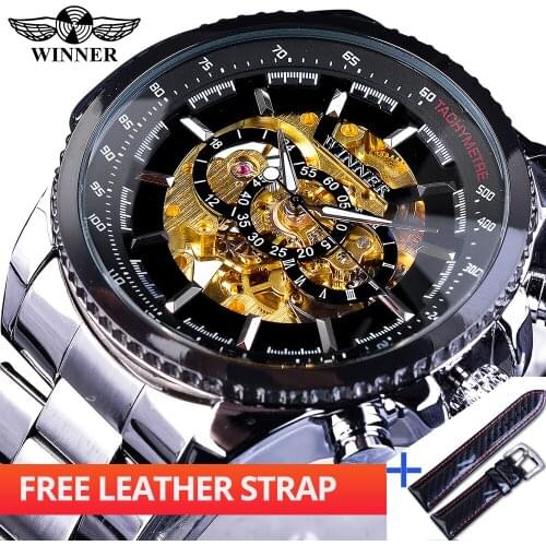Winner Watch + Band Set Combination Black Golden Skeleton Luminous Mechanical Watches Men Folding Safety Clasp Steel Strap Clock
