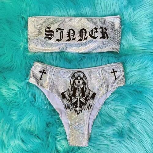 Devil Letter Printing Dark Metal Sweet Black Gothic Hologram Bikini Set Cosplay Motobike Race Show Costumes DJ Private Party