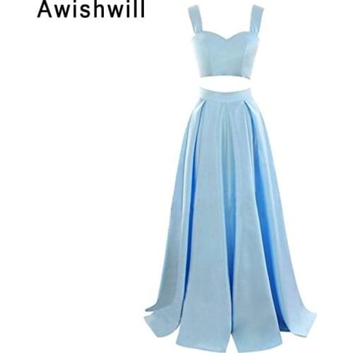 Real Images Long Prom Dresses 2020 New Elegant Backless A-line Satin Evening Dress Long Two Piece Prom Dresses African