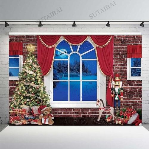 Happy New Year Photography Backdrop Window Brick Wall Merry Christmas Tree Gifts Bear Newborn Birthday Photo Studio Background