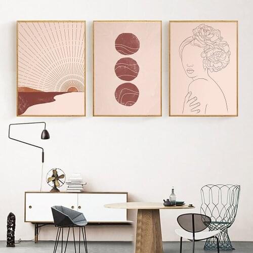 Woman Fine Line Art Print Abstract Painting Sun Canvas Posters Illustration Poster Wall Art Pictures Mid Century modern Decor