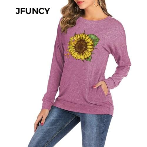 JFUNCY Fashion Sunflowers Print Spring Autumn Women T-Shirt O-Neck Long Sleeve Loose Pullover Tops Casual Ladies Female T Shirt