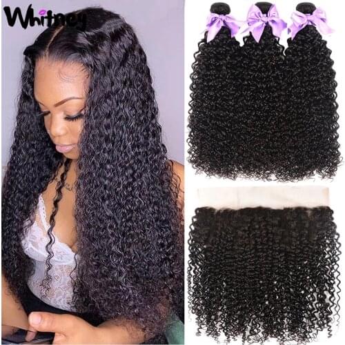 Whitney Kinky Curly Bundles With Closure Malaysia 3/4 Curly Bundles with Lace Frontal Remy Human Hair Extensions Natural Color