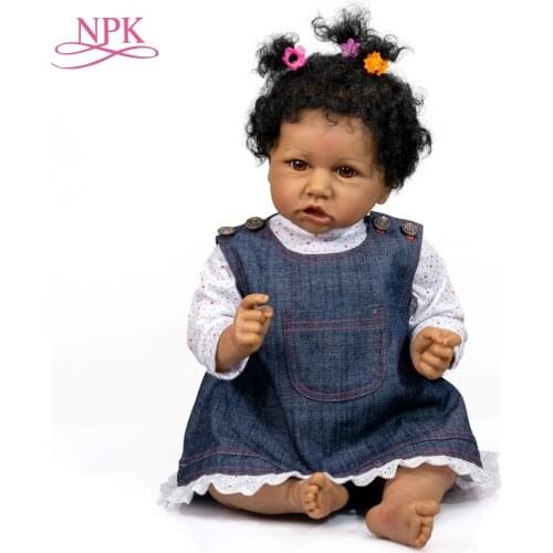 NPK 56CM Bebe Doll Reborn Toddler Girl Saskia Black Skin Color African American Baby Handrooted Hair with Bottle Pacifier