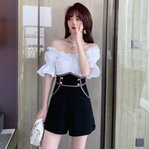Summer Fashion Patchwork Jumpsuits For Women Rompers Slash Neck High Waist Short Pants Female 2020 Streetwear Fashion Playsuits