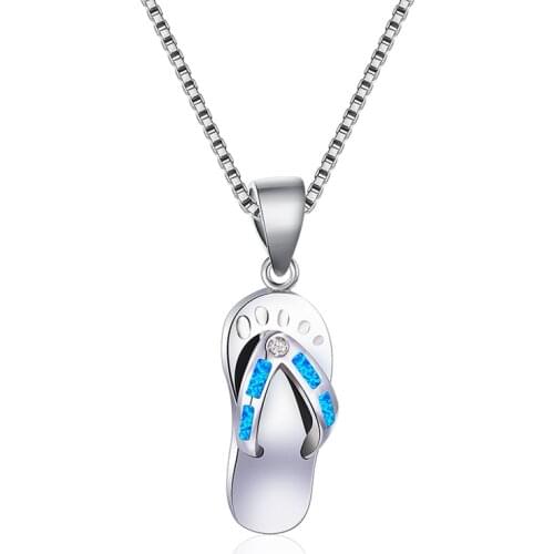 Cute Dainty Small Flip Flop Necklace Blue Fire Opal Stone Pendant Necklaces For Women Bride Jewelry 925 Sterling Silver Necklace