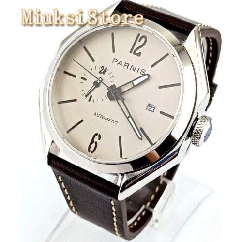 Parnis 43mm Mens Top Mechanical Watch Silver Case Sapphire Glass Date Leather strap 21 Jewels Miyota Movement Automatic Watch