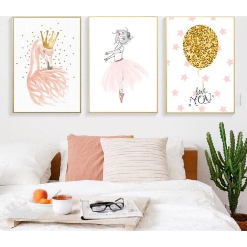 Yellow Balloon Wall Art Poster Nordic Kids Print Ballet Girl Canvas Painting Swan Cartoon Poster Wall Pictures Baby Room Decor