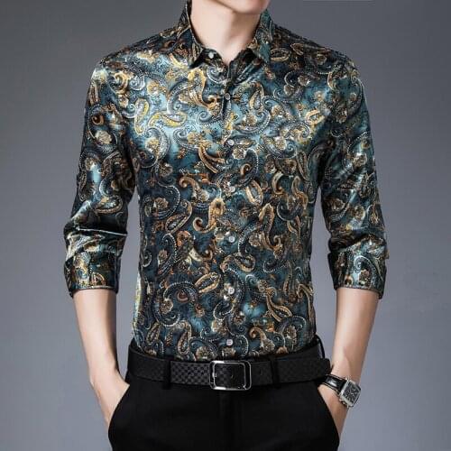 Unusual Luxury Vintage Mens Clothing Silk Shirt For Mens Satin Green Blouse With Cashew Flowers Retro Baroque Blouses Large Size
