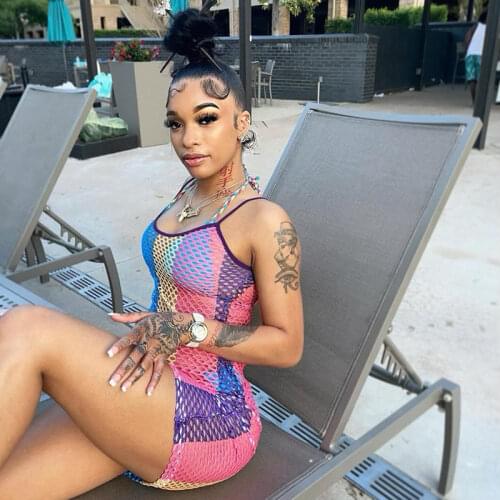 2021 Summer New Womens Fashion Print Sexy Hollow Mesh Stitching Bodycon Dress Women Nightclub Beach Style Vacation Holiday