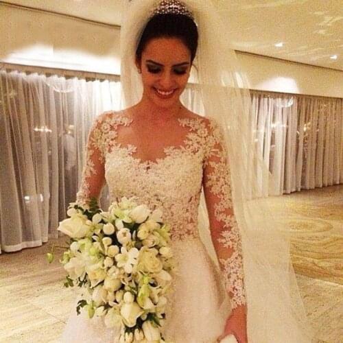 2016 New Arrival Ball Gown Sweetheart Appliques Backless Bridal Dresses vestido de noiva Cheap Long Sleeve Lace Wedding Dress