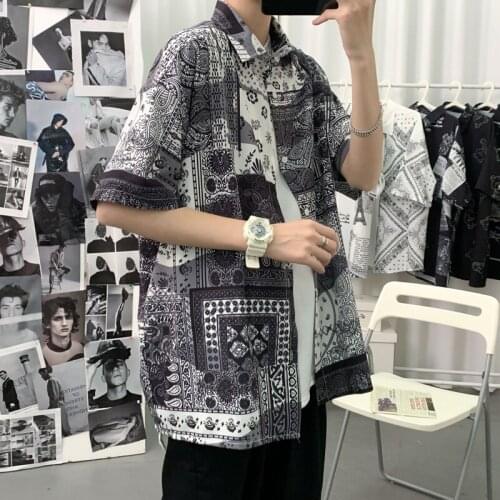 New Harajuku Mens Shirts Oversized Patchwork Shirt Male Korean Fashion Streetwear Loose Short Sleeve Shirts Woman Tops 2021