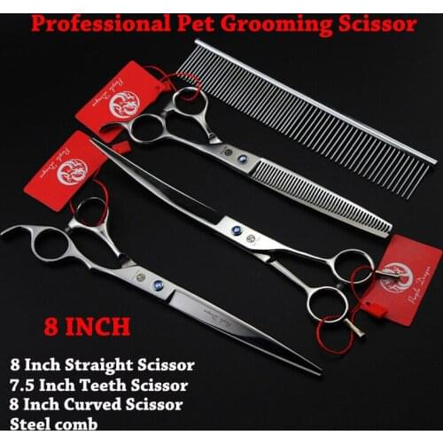 8.0 Inch Japan Professional Pet Grooming Scissors Straight Scissors Curved Shear & thinning scissors set with comb bag