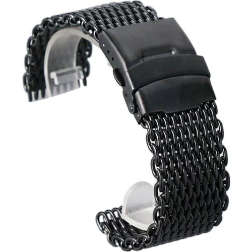 Mens 18mm 20mm 22mm 24mm Black Stainless Steel Mesh Watch Band Fold Over Clasp With Safety Women Wrist Strap