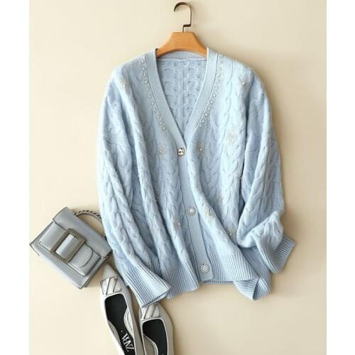 Luxury 100% cashmere v neck buttons cardigan with pearl women oversized fashion thick outerwear cable knitted winter sweaters