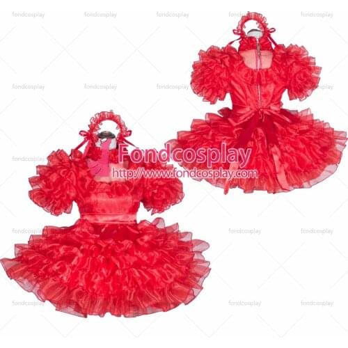 French Sissy Maid Lockable Red Organza satin Dress Uniform Cosplay Costume Tailor-made[G4064]