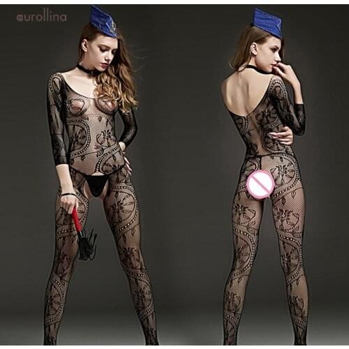 Fishnet Bodystocking Lingeries Sexy Net Dress Long Sleeve Open Crotch Hollow Out Bodystocking Sexy Queen Role Play Outfit Whips
