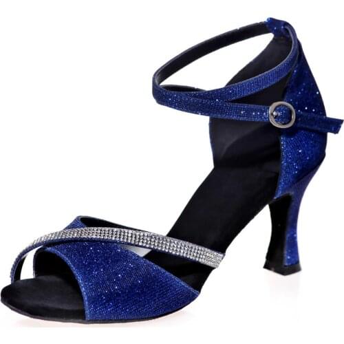 Sexy latin dance shoes glitter with rhinestone strap lady ladys ballroom professional Salsa tango party dancing dandals 7.5cm