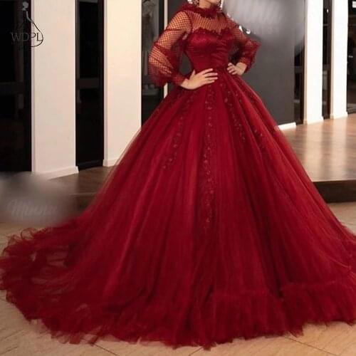 Wine Red Ball Gown Prom Dresses Long Sleeve High Neck Appliques Tulle Bride Engagement Dress Puffy 2019 Evening Party Gowns