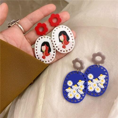 Geometric Color Portrait flower Dangle Acrylic Printed Flower Earring Women Girl Earrings