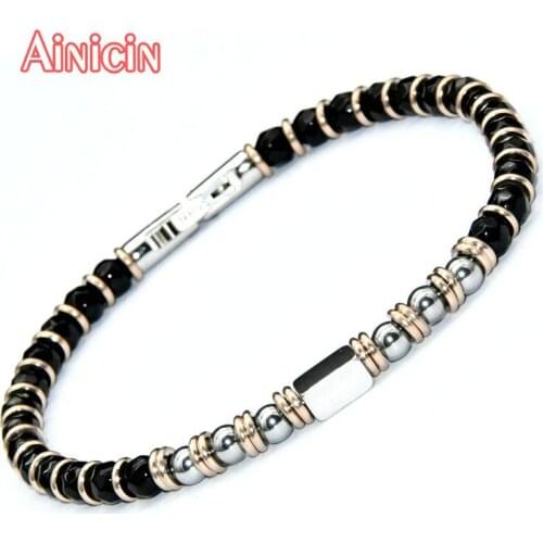 High Quality Black Faceted Agate Round Beads Stainless Steel Bracelet For Fashion Mens Jewelry