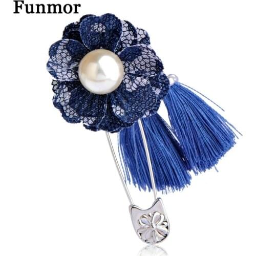 FUNMOR Handmade Blue Fabric Flower Brooch Imitation Pearls Tassel Pins Brooches For Women Banquet Dress Decoration Collar Clips