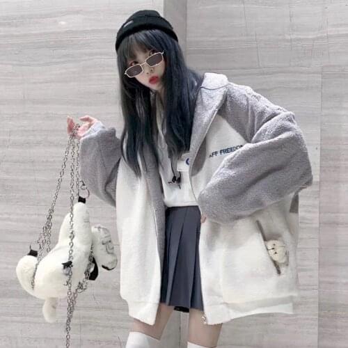 Hoodies Womens Korean Style Loose Student Zipper Off White Thickened Lamb Wool Winter 2021 New Coat Kawaii Clothes For Teens