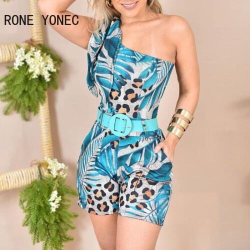 Women Floral Leopard Print One Shoulder Sleeveless Pocket Romper Women Jumpsuits