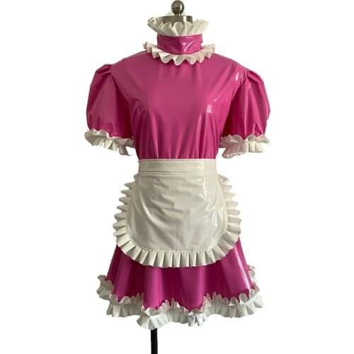 Women Maid Outfit Anime PVC Pleated Mini Dress with White Apron Lolita Dresses Men Cafe Costume Retro Halloween Anime Cosplay